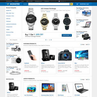 OpenCart手表數碼Monster商城模板建站